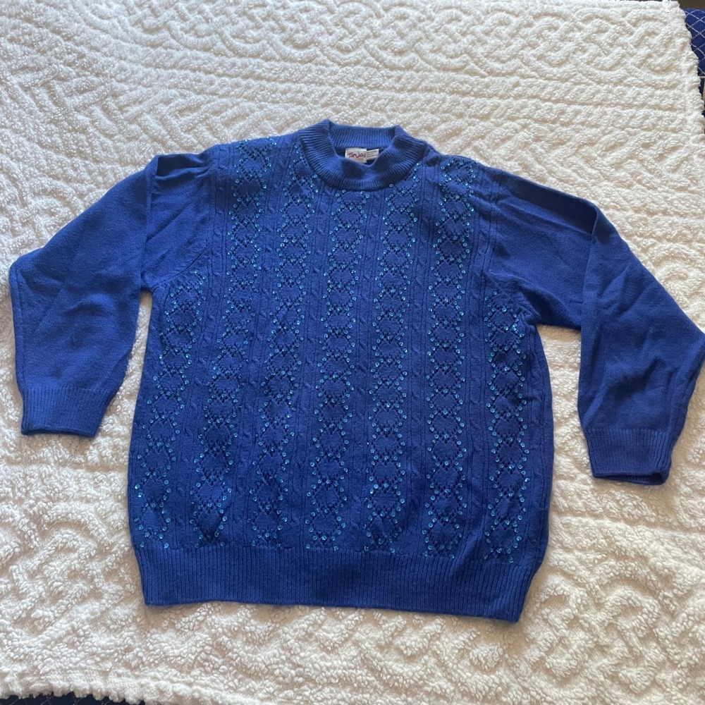 Tan Jay Womens Blue‎ Sequin Embellished Cable Knit Mock Neck Sweater Size 2X 80s